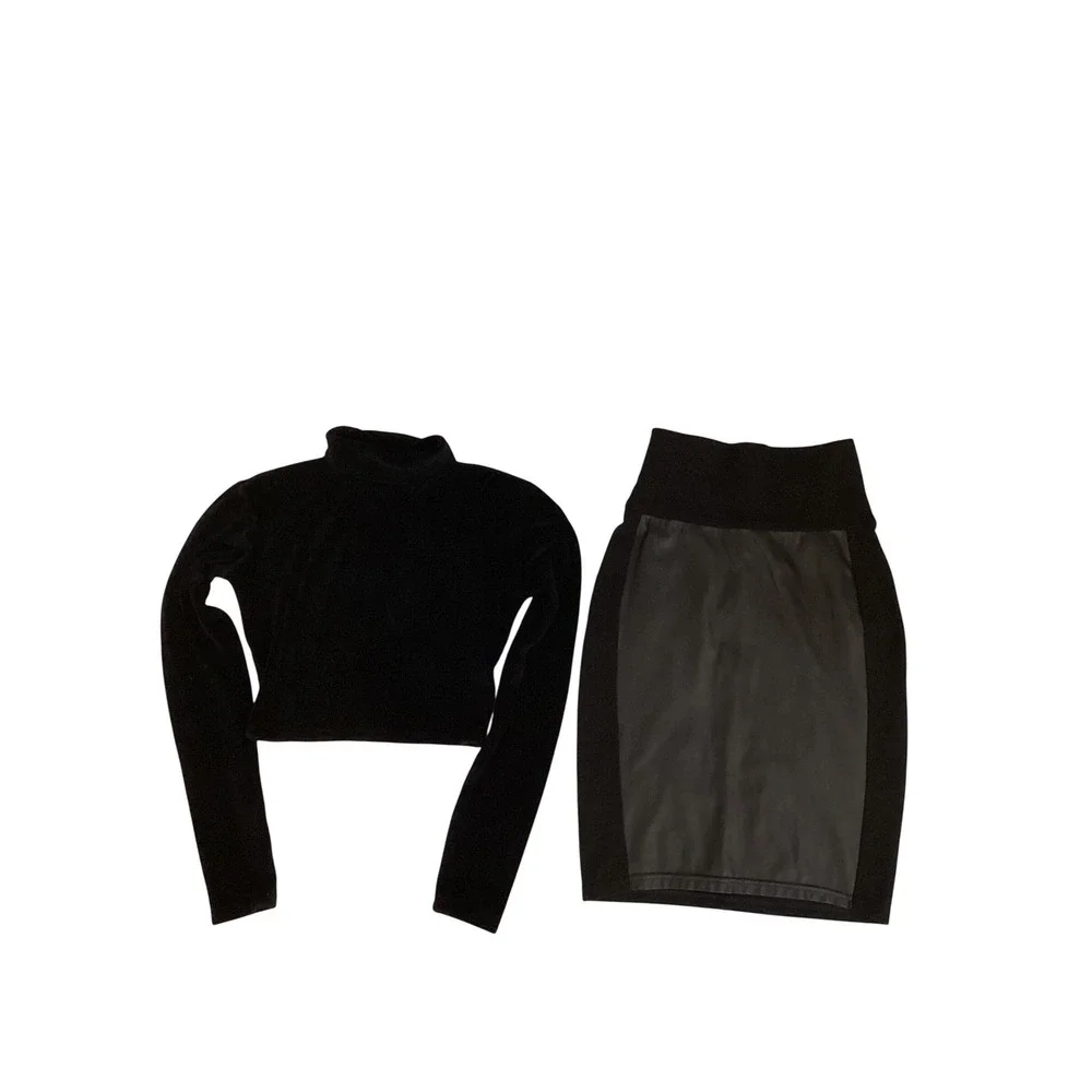 Babaton Wilfred Free Black Velvet Crop Top and Faux‎ Leather Skirt Set XXS XS